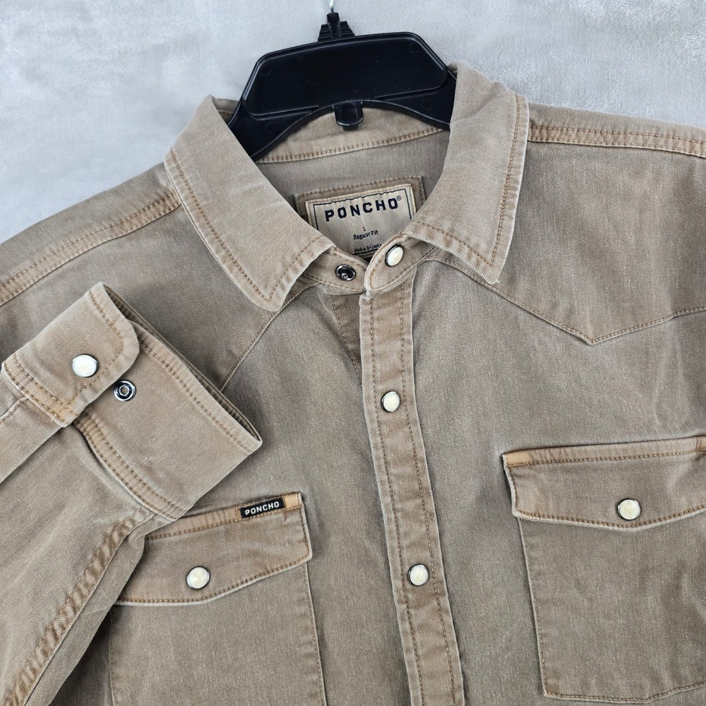 Poncho Western Denim Shirt Mens Large Brown Long Sleeve Pearl Snap Regular Fit